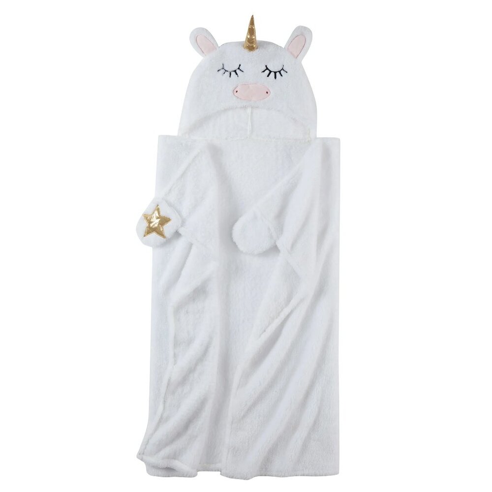 PAWZ by Bearpaw Kids' White Unicorn Polyester Plush Hooded Throw, 50" x 40" NWT